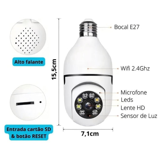 Câmera WiFi 360° Lâmpada Full HD com Visão Noturna + Cartão 16GB Grátis