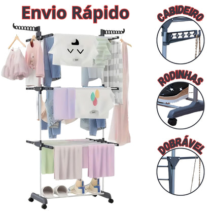 Varal de Chão 3 Andares Dobrável com Rodinhas – Mais Espaço e Praticidade para Secar Roupas